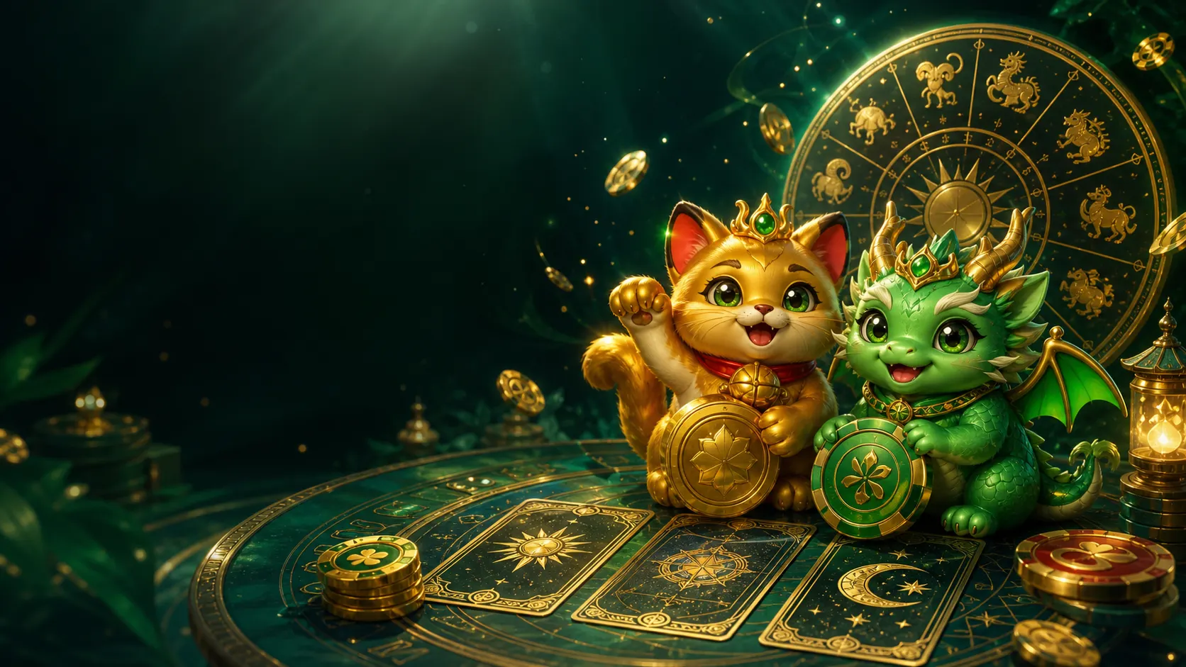 Golden lucky fox and jade dragon at a celestial divination table with tarot cards and glowing charms